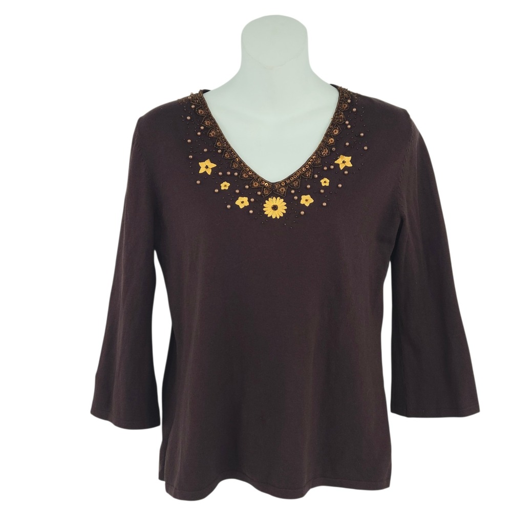 Cable & Gauge Sweater Women Small Brown Silk Blend Beaded Floral Cottagecore